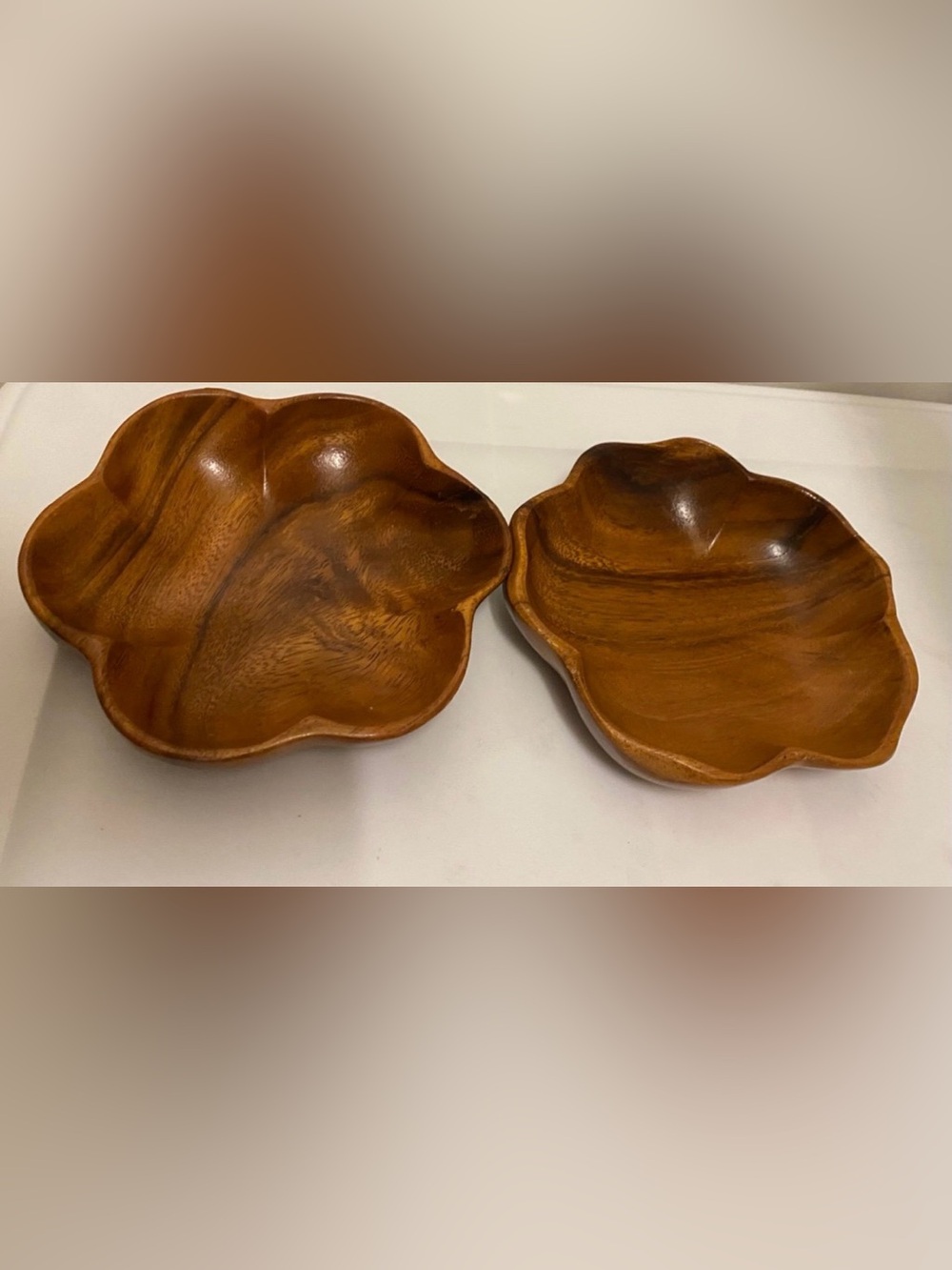 Flower Shaped Carved Monkey Wood Serving Bowls, Set Of 2